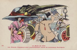 Postal satírica sobre los peligros de los sombreros grandes y los alfileres de sombrero, moda de 1909 de Xavier Sager