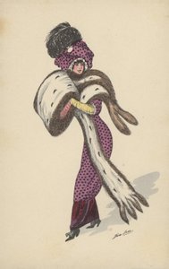 Niña bonita, con vestido púrpura con manchas, con gran manguito de piel y capa de Xavier Sager