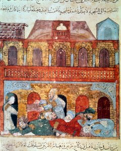 El navegante vagabundo Abu-Zayd y los comerciantes dormidos. Miniatura del Maqamat (Seances) de Abu Mohammed al-Kasim ibn Ali Hariri (1054-1122) iluminada por Yahya Mahmud al-Wasiti