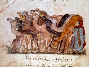 Un grupo de camellos y camelleros, caravana en el desierto. Página de “Maqamat” (Seances), poema picaresco del siglo XI del poeta árabe Abu Mohammed al-Kasim ibn Ali Hariri (o Al-Hariri) (1054-1122) ilustrado por Al-Wasiti de Yahya ibn Mahmud Al Wasiti