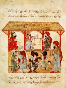 Ms. Ar 5847 f.105, Un mercado de esclavos, de "Al Maqamat" de Yahya ibn Mahmud Al Wasiti