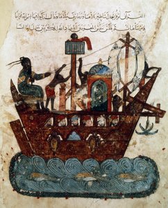 Ms Ar 5847 f.119v, Abu Zayd y Al-Harith navegando de Basora a Omán, miniatura de Maqamat de al-Hariri (Las reuniones), c.1240