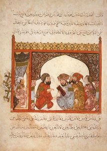 Ms Ar 5847 f.16, Cancillería Maragha: el gobernador ha propuesto a Abu Zayd entrar en su servicio, de Al Maqamat por Al Hariri, c.1240 (gouache sobre vitela) de Yahya ibn Mahmud Al Wasiti