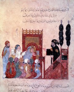 El navegante errante Abu-Zayd entra en la mezquita de Maragha. Miniatura del “Maqamat” (Sesiones) de Abu Mohammed al-Kasim ibn Ali Hariri, iluminado por Yahya Mahmud al-Wasiti en 1237 de Yahya ibn Mahmud Al Wasiti