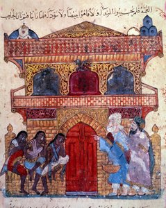 El burgués al-Harith (Al Harith), hijo de Hammam, y el navegante errante Abu-Zayd (Abu Zayd) frente al palacio del Rey. Miniatura del "Maqamat" (Seances) de Abu Mohammed al-Kasim ibn Ali Hariri (o Al-Hariri o Al Hariri) (1054-1122)