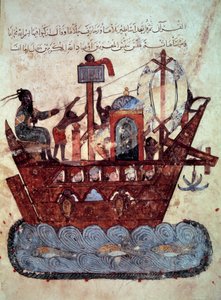 El burgués al-Harith, hijo de Hammam, y el navegante errante Abu-Zayd en un bote en miniatura del "Maqamat" (Seances) de Abu Mohammed al-Kasim ibn Ali Hariri iluminada por Yahya Mahmud al-Wasiti