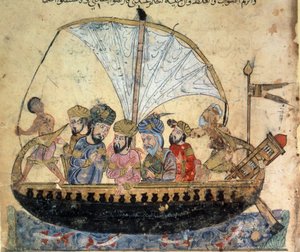 El burgués al-Harith, hijo de Hammam, y el navegante errante Abu-Zayd en un barco navegando por el Éufrates. Miniatura de las "Maqamat" (Seances) de Abu Mohammed al-Kasim ibn Ali Hariri (1054-1122)