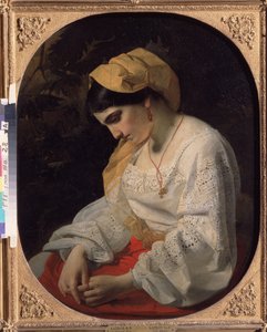 Una novia joven (Una novia). Retrato de perfil de una joven triste con expresión resignada. Pintura de Yakov Fyodorovich Kapkov (1816-1854), óleo sobre lienzo de Yakov Fyodorovich Kapkov