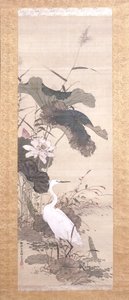 Lotus And Snowy Heron (tinta, color, seda) de Yamamoto Baiitsu