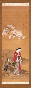 Dama y asistente bajo un cerezo de Yamazaki Ryujo