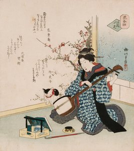 Te-ike no hana, ilustrando a una mujer afinando un samisen, con poemas de Rakuyoan, Ryueishi y Bu de Yanagawa II Shigenobu