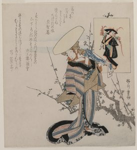 Mujer junto a un ciruelo comparada con la Doncella de la Glicinia (de una serie de mujeres comparadas con figuras de pinturas de Otsu) de Yanagawa Shigenobu