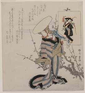 Mujer junto a un ciruelo emparejada con la doncella de la glicinia..., c. principios de 1830s de Yanagawa Shigenobu