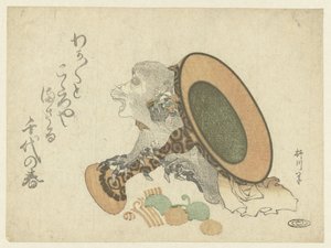 Mono empujando una bandeja lacada de Yanagawa Shinegobu