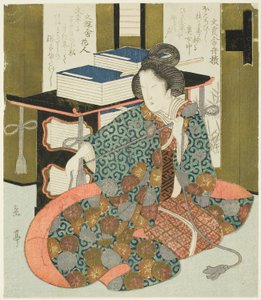 Una mujer tirando del cordón de una librería con ruedas, de la serie "Un conjunto de siete para el Club Katsushika" de Yashima Gakutei