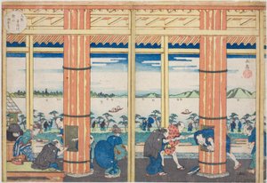 El refugio de lluvia en la colina Nii junto al río Aji, Osaka, de la serie "Lugares famosos en Osaka: Bellas vistas del monte Tenpo" de Yashima Gakutei