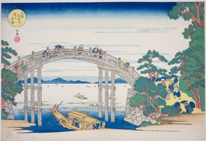 El puente de piedra sobre el río Aji cerca de la colina Nii, Osaka, de la serie "Lugares famosos en Osaka: Bellas vistas del monte Tenpo" de Yashima Gakutei