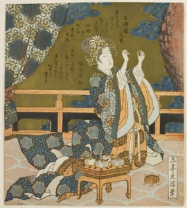 Dos mujeres chinas examinando hilo y una telaraña en una caja, de la serie "Díptico para el grupo del tambor" de Yashima Gakutei