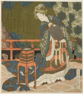 Dos mujeres chinas examinando hilo y una telaraña en una caja, de la serie "Díptico para el Grupo de Tambores" de Yashima Gakutei
