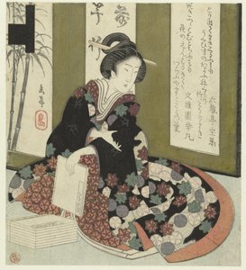 mujer con libro Una serie de siete grabados para la Katsushika Poetry Society (título de la serie) Katsushika shichibantsuzuki (título de la serie sobre el objeto) de Yashima Gakutei