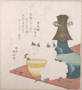 Botella de vino, taza y flores de cerezo de Yashima Gakutei