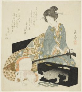 Mujer con Shamisen y Gato