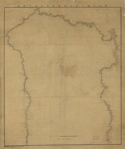 Relieve mostrado por líneas de forma. Orientado con el norte hacia la parte superior izquierda. Disponible también a través del sitio web de la Biblioteca del Congreso como imagen rasterizada. xg19 2009-09-15 corregido 100 campo 嶺 sustituido en el título;  de Yasuaki Oka