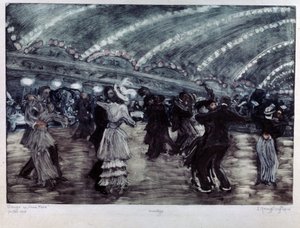 El Tango a Luna Park (Baile de Tango en el Luna Park). Parejas de bailarines en una amplia pista, iluminada desde el techo por guirnaldas de luz. Obra de arte de Yelisaveta (Elisabeth) Sergeyevna Krouglikova (Elizaveta Sergeevna Krouglikova) (1865-1941), g de Yelisaveta Sergeyevna Kruglikova
