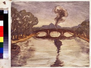 Un barco en el Sena. (Un barco en el Sena). Pintura de Yelisaveta (Elisabeth) Sergeyevna Kruglikova (Elizaveta Sergeevna Krouglikova) (1865-1941), estampe (monotipo) de Yelisaveta Sergeyevna Kruglikova