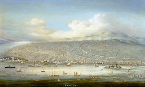 Vista de Cantón con la isla de Shamian en 1865, c.1880 (óleo sobre tabla) de Yichang Yichang