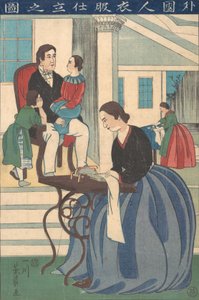 Familia extranjera con esposa haciendo ropa, 1860 de Yoshikazu