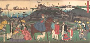 Extranjeros visitando el famoso sitio del Monte Gongen en Kanagawa, segundo mes, 1861