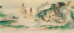 Buda Amitayus y dos Bodhisattvas visitando al monje Honen (n.1132), ilustración publicada en la revista Tokka en marzo de 1902 de Yoshimitsu Tosa