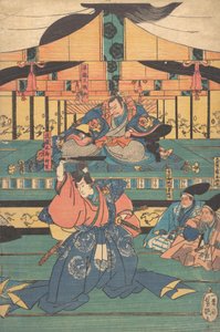 Actores de Kabuki interpretan a Oashibara Ueno no kami Masahira, Tokiwa Mikuriya Betto T..., mediados del siglo XIX de Yoshitsuya