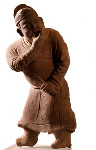 Arte chino: estatuilla de terracota que representa a un actor "silbador" (De Tsiao Tsouo, Honan, Dinastía Yuan, 1271-1368 d.C.) de Yuan Dynasty Chinese School