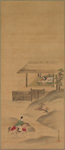 Minamoto no Nakakuni Visita a la dama Kogo, Tríptico de pergaminos colgantes, finales del siglo XVII (tinta y color sobre seda)