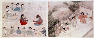 Arte coreano: escena de combate de mujeres de la vida cotidiana. Grabado por Sin Yun Bok (o Hyewon hizo en 1758). Siglo XVIII o XIX. Colección Hyung Pil Chun