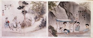 Art coreen: escena de paseo y barco. Grabados de Sin Yun Bok (o Hyewon) (nacido en 1758). Siglo XVIII.