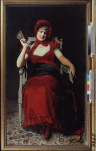 Mujer con vestido estilo Directorio (Lady in a Directorio Dress). Con un guante y sosteniendo un abanico, el vestido es de color rojo para combinar con su gorro de cinta y sus zapatos. Pintura de Yuri Jacovlevich Lehman (Youri Leman) (1834-1901), óleo sobr