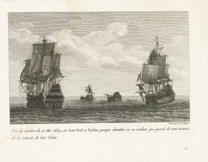 Einde van het gevecht van Jan Bart op 22 mei, 1689 Fin del combate del 22 de mayo de 1689, donde Jean-Bart y Forbin, aunque desenmascarados, sólo se rinden cuando tienen asegurada la retirada de su Flota (título sobre objeto) Colección de las peleas de Jea de Yves Marie Le Gouaz