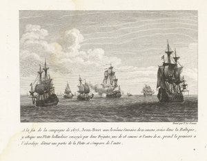 Jan Bart valt Hollandse schepen en de Baltische zee aan, 1675 Al final de la campaña de 1675, Jean-Bart con el mismo Corsair de 10 cañones, cruceros en el Báltico, ataca allí una flota holandesa (...) (título sobre objeto) Colección de peleas de Jean-Bar de Yves Marie Le Gouaz