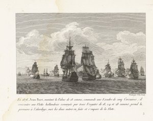Jan Bart valt conoció a zijn eskader een Hollandse vloot aan, 1676 En 1676, Jean Bart, montando el Palme de 18 cañones, comandó un escuadrón de cinco corsarios (...) (título sobre objeto) Colección de los combates de Jean-Bart, comandante de escuadrón de L de Yves Marie Le Gouaz