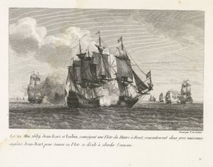 Jan Bart valt twee Engelse schepen aan, 1689 El 22 de mayo de 1689, Jean-Bart y Forbin, transportando una flota de Le Havre a Brest, se encontraron con dos grandes barcos ingleses, Jean-Bart para salvar su flota decide acercarse al enemigo (título sobre el de Yves Marie Le Gouaz