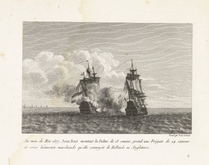 Jan Bart verovert een Hollands fregat, 1677 En el mes de mayo de 1677, Jean-Bart montó el Palme de 18 cañones, tomó una fragata de 24 cañones y dieciséis barcos mercantes que transportaba desde Holanda a Inglaterra (título sobre el objeto) Colección de pel