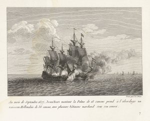 Jan Bart verovert een Hollands fregat, 1677 En septiembre de 1677, Jean-Bart montó el Palme de 18 cañones a bordo de un barco holandés de 36 cañones, con varios barcos mercantes bajo su convoy (título sobre el objeto) colección de peleas de Yves Marie Le Gouaz