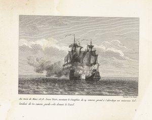 Jan Bart verovert een Hollands fregat, 1678 En marzo de 1678, Jean-Bart, montando el Dauphin de 14 cañones, abordó un barco holandés de 32 cañones, guardacostas frente al Texel (título sobre el objeto) Colección de las peleas de Jean-Bart, jefe de Es