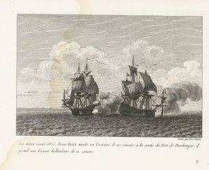 Jan Bart verovert een Hollands fregat bij Duinkerke, 1675 En el mismo año, 1675, Jean-Bart montó un Corsair de 10 cañones; a la salida del Puerto de Dunkerque, toma una Fragata Holandesa de 12 cañones (título sobre objeto) Recopilación de las peleas de Jea de Yves Marie Le Gouaz