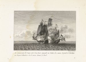 Jan Bart verovert een Hollands fregat bij Texel, 1675 A principios del año 1675, Jean-Bart comanda un Galiote de 2 cañones: abordó una fragata holandesa de 18 cañones, frente al Texel (título sobre objeto) Colección de peleas de Jean-B