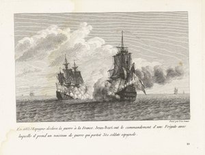 Jan Bart verovert een Spaans schip reunió a 350 soldados aan boord, 1683 En 1683, España declaró la guerra a Francia, Jean-Bart tenía el mando de una fragata con la que tomó un buque de guerra que transportaba 350 soldados españoles (título en obje
