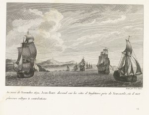 Jan Bart voor de Engelse kust bij Newcastle, 1692 En noviembre de 1692, Jean-Bart desciende sobre las costas de Inglaterra, cerca de Newcastle, donde pone varios pueblos a contribuir (título sobre objeto) Recopilación de los combates de Jean-Bart, jefe de  de Yves Marie Le Gouaz